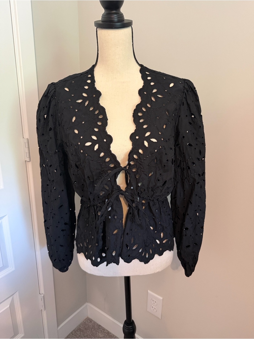 Express Black Eyelet Tie-Front Peplum Blouse